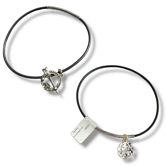 Set of Two Celtic-Inspired Black Jelly Bracelets with Silver Tone Charms - Picture 1 of 11